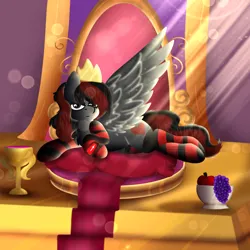 Size: 1048x1048 | Tagged: source needed, safe, artist:bluemoon, derpibooru import, oc, oc:se solar eclipse, unofficial characters only, pegasus, pony, alcohol, apple, beautiful, cape, carpet, chalice, clothes, comfy, crepuscular rays, crossed legs, crown, elegant, female, food, fruit, fruit bowl, gold, grapes, image, jewelry, looking at you, lying down, mare, pegasus oc, pillow, png, pony oc, queen, regalia, serious, serious face, spread wings, throne, throne room, watch, wine, wings, wristwatch