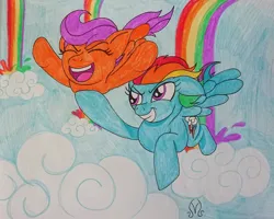 Size: 1280x1022 | Tagged: safe, artist:dncsamsonart, derpibooru import, rainbow dash, scootaloo, pegasus, pony, sleepless in ponyville, female, filly, flying, foal, grin, happy, image, jpeg, mare, open mouth, open smile, rainbow falls (location), scootalove, siblings, sisters, smiling