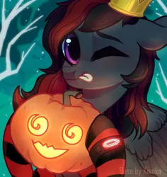 Size: 2304x2436 | Tagged: safe, artist:exampleofvoid, derpibooru import, oc, oc:se solar eclipse, unofficial characters only, pegasus, pony, abstract background, clothes, crown, female, halloween, holiday, image, jack-o-lantern, jewelry, looking at you, mare, one eye closed, pegasus oc, png, pony oc, pumpkin, regalia, royalty, smiling, smiling at you, socks, solo, tongue out, watch, wings, wristwatch