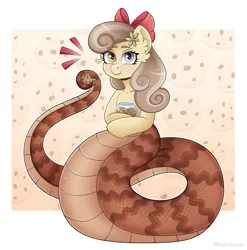 Size: 3030x3062 | Tagged: safe, artist:madelinne, derpibooru import, oc, oc:peach blossom, unofficial characters only, lamia, original species, bow, cookie, cookie jar, food, heterochromia, image, png, solo