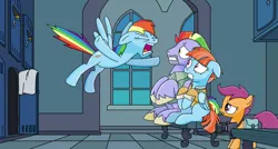 Size: 1024x547 | Tagged: safe, artist:emeraldblast63, derpibooru import, bow hothoof, rainbow dash, scootaloo, windy whistles, pegasus, pony, parental glideance, bag, camera, father and child, father and daughter, female, filly, floppy ears, foal, furious, image, jpeg, lockeroom, male, mother and child, mother and daughter, rage, rainbow dash's parents, saddle bag, scared, scene interpretation, siblings, sisters, sitting, worried