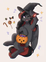 Size: 1461x1976 | Tagged: safe, artist:twinkesss, derpibooru import, oc, oc:se solar eclipse, unofficial characters only, bat, pegasus, pony, candy, candy cane, eyeball, folded wings, food, halloween, halloween 2023, hat, holding, holiday, image, looking at you, nightmare night, one eye closed, one eye open, pegasus oc, png, pony oc, simple background, sitting, smiling, smiling at you, solo, sparkles, watch, white background, wings, witch, witch hat, wristwatch