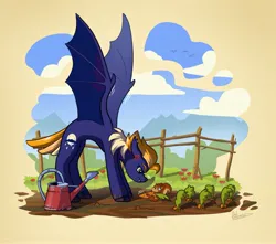Size: 3837x3395 | Tagged: safe, derpibooru import, oc, oc:midnight rain, unofficial characters only, bat pony, pony, squirrel, bat pony oc, bat wings, carrot, farm, female, food, image, jpeg, spread wings, wings