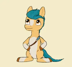 Size: 1890x1757 | Tagged: safe, anonymous artist, derpibooru import, hitch trailblazer, earth pony, pony, g5, badge, colored sketch, hooves on hips, image, male, png, sash, simple background, sketch, solo, stallion, yellow background