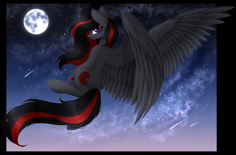 Size: 3250x2133 | Tagged: safe, artist:kripta-00, derpibooru import, oc, oc:se solar eclipse, unofficial characters only, pegasus, pony, cloud, flowing mane, flowing tail, flying, full moon, image, moon, night, night sky, pegasus oc, png, pony oc, shooting star, sky, solo, spread wings, stars, tail, watch, wings, wristwatch