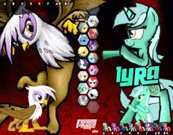 Size: 634x497 | Tagged: safe, derpibooru import, applejack, big macintosh, fluttershy, gilda, lyra heartstrings, pinkie pie, rainbow dash, rarity, sweetie belle, trixie, twilight sparkle, robot, fighting is magic, blitz (character), cancelled, fighting is magic elite, image, mane six, png, scooter (character), sweetie bot, zalgojack