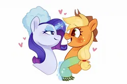 Size: 2048x1365 | Tagged: safe, artist:anotherdeadrat, derpibooru import, applejack, rarity, earth pony, pony, unicorn, applejack's hat, bust, clothes, cowboy hat, duo, female, hat, heart, image, jpeg, lesbian, looking at each other, looking at someone, magic, magic aura, rarijack, scarf, shipping, simple background, white background