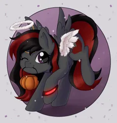 Size: 1306x1369 | Tagged: safe, artist:maravor, derpibooru import, oc, oc:se solar eclipse, unofficial characters only, pegasus, pony, angel, basket, circle background, clothes, costume, cute, female, halloween, halloween 2023, halloween costume, halo, happy, holiday, image, looking at you, mare, one eye closed, one eye open, pegasus oc, png, pony oc, profile picture, raised hoof, raised tail, simple background, smiling, smiling at you, solo, solo female, sparkles, spread wings, tail, watch, white background, wings, wristwatch