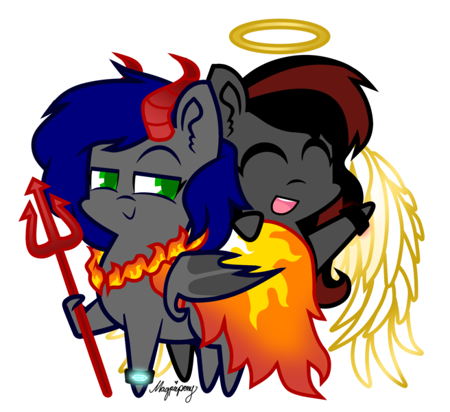 Size: 2360x2159 | Tagged: safe, artist:magpie-pony, derpibooru import, oc, oc:mb midnight breeze, oc:se solar eclipse, unofficial characters only, demon, pony, angel, bat wings, cape, clothes, costume, couple, duo, duo focus, duo male and female, female, fire, halloween, halloween 2023, halloween costume, halo, happy, holding, holiday, horns, image, in love, jewelry, love, male, necklace, open mouth, png, pony oc, raised hoof, simple background, smiling, together, transparent background, trident, watch, wings, wristwatch