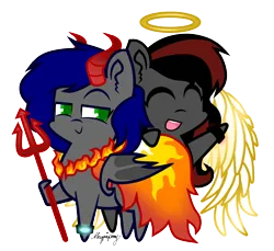 Size: 2360x2159 | Tagged: safe, artist:magpie-pony, derpibooru import, oc, oc:mb midnight breeze, oc:se solar eclipse, unofficial characters only, demon, pony, angel, bat wings, cape, clothes, costume, couple, duo, duo focus, duo male and female, female, fire, halloween, halloween 2023, halloween costume, halo, happy, holding, holiday, horns, image, in love, jewelry, love, male, necklace, open mouth, png, pony oc, raised hoof, simple background, smiling, together, transparent background, trident, watch, wings, wristwatch