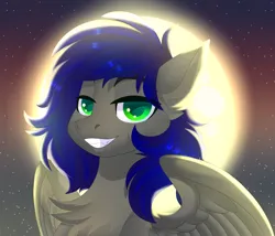 Size: 3500x3000 | Tagged: safe, artist:xvostik, derpibooru import, oc, oc:mb midnight breeze, unofficial characters only, pegasus, pony, chest fluff, commission, fangs, fluffy, full moon, grin, halloween, halloween 2023, holiday, image, looking at you, male, moon, night, nightmare night, pegasus oc, png, pony oc, smiling, smirk, solo, solo focus, solo male, spread wings, stars, wings, ych result