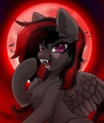 Size: 3800x4500 | Tagged: source needed, safe, artist:konejo, derpibooru import, oc, oc:se solar eclipse, unofficial characters only, bat, pegasus, pony, blood moon, chest fluff, cute, ear fluff, evil, evil grin, fangs, female, fluffy, full moon, grin, halloween, halloween 2023, holiday, image, mare, moon, night, nightmare night, open mouth, pegasus oc, png, pony oc, raised hoof, red background, simple background, smiling, solo, solo female, solo focus, spread wings, wings