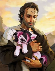 Size: 1580x2048 | Tagged: safe, artist:p0nyplanet, derpibooru import, oc, oc:oopsie doodle, unofficial characters only, pegasus, pony, clothes, crossover, duo, female, holding a pony, image, jacket, jpeg, male, mare, meme, rick grimes, the walking dead