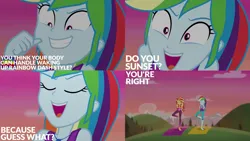 Size: 2000x1125 | Tagged: safe, derpibooru import, edit, edited screencap, editor:quoterific, screencap, rainbow dash, sunset shimmer, equestria girls, equestria girls series, wake up!, spoiler:eqg series (season 2), image, png