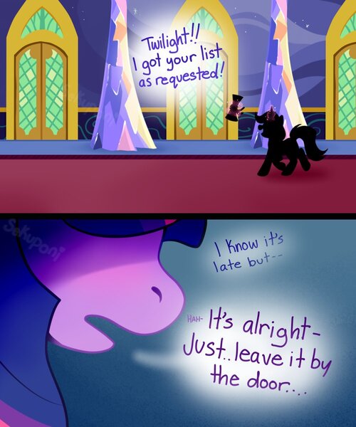 Size: 1000x1200 | Tagged: suggestive, artist:sekuponi, derpibooru import, trixie, twilight sparkle, pony, unicorn, comic, dialogue, female, image, jpeg, magic, mare, panting, scroll, telekinesis, twilight's castle