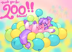 Size: 880x630 | Tagged: safe, artist:sekuponi, derpibooru import, oc, oc:blush rush, unofficial characters only, pegasus, pony, balloon, chest fluff, female, image, lying down, mare, png, ponytail, solo, unshorn fetlocks