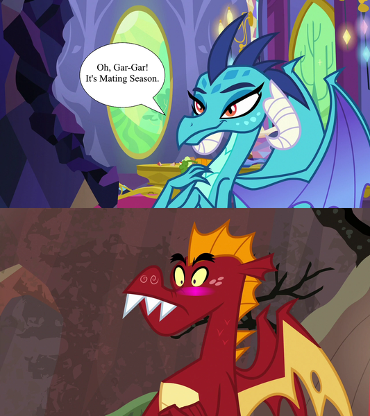 Size: 1280x1440 | Tagged: safe, derpibooru import, edit, edited screencap, screencap, garble, princess ember, dragon, season 7, season 9, sweet and smoky, triple threat, spoiler:s09, aroused, bedroom eyes, bite mark, blushing, comparison, dragoness, female, flirting, g4, hand on chest, image, imminent sex, implied sex, male, mating season, png, ship:emble, shipping, shipping domino, smiling, speech bubble, straight, surprised, teenaged dragon, twilight's castle