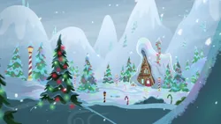 Size: 1000x563 | Tagged: safe, derpibooru import, screencap, best gift ever, background, cabin, candy, candy cane, christmas, christmas lights, christmas tree, food, g4, grove of the gift givers, holiday, house, image, mountain, no pony, north pole, pine tree, png, snow, snowfall, snowflake, streetlight, tree
