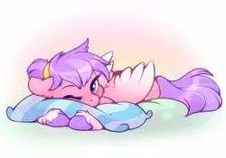 Size: 1000x700 | Tagged: safe, artist:sekuponi, derpibooru import, oc, oc:blush rush, unofficial characters only, pegasus, pony, cheek fluff, cute, ear fluff, female, fluffy, hoof fluff, image, jpeg, looking at you, lying down, mare, one eye closed, pillow, ponytail, prone, solo, wink