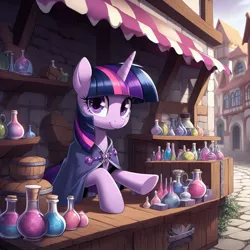 Size: 1024x1024 | Tagged: prompter needed, safe, ai content, derpibooru import, machine learning generated, twilight sparkle, pony, bottle, building, cloak, clothes, female, g4, generator:dall-e 3, image, jpeg, looking at you, mare, potion, potion seller, potions, road, shelf, shop stand, smiling, smiling at you, solo, stand, underhoof, wall, wood