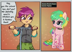 Size: 1847x1334 | Tagged: safe, artist:polnocnykot, derpibooru import, scootaloo, ponified, human, pegasus, pony, equestria girls, choker, clothes, comic, crossover, dialogue, duo, duo female, female, folded wings, humanized, image, jpeg, ramona flowers, roller skates, rollerblades, scooter, scott pilgrim, scott pilgrim vs the world, simple background, skates, smiling, style emulation, tattoo, text, two toned hair, two toned mane, wings