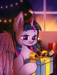 Size: 1522x2000 | Tagged: safe, artist:erein, derpibooru import, twilight sparkle, twilight sparkle (alicorn), alicorn, pony, blushing, bust, chibi, christmas, christmas lights, christmas presents, christmas tree, commission, cute, cutie mark, ears up, female, frame, garland, holiday, horn, icon, image, indoors, jpeg, multicolored hair, portrait, present, room, smiling, solo, string lights, tree, window, wingding eyes, wings, ych example, your character here