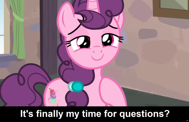 Size: 1920x1239 | Tagged: safe, derpibooru import, edit, edited screencap, screencap, sugar belle, pony, unicorn, comic:celestia's servant interview, hard to say anything, bedroom eyes, caption, cs captions, cute, female, image, image macro, interview, looking at you, mare, png, raised hoof, smiling, solo, sugarbetes, text