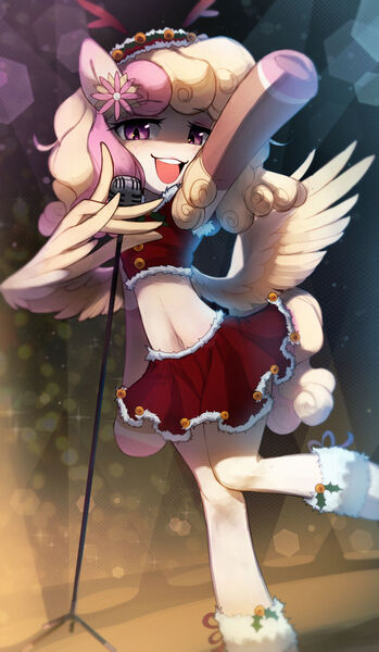 Size: 1280x2203 | Tagged: safe, artist:astralblues, derpibooru import, oc, pegasus, pony, anatomically incorrect, clothes, female, image, incorrect leg anatomy, jpeg, mare, microphone, nipedal, skirt, solo, wing hands, wings