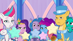Size: 960x540 | Tagged: safe, derpibooru import, screencap, hitch trailblazer, izzy moonbow, pipp petals, sparky sparkeroni, sunny starscout, zipp storm, dragon, earth pony, pegasus, pony, unicorn, g5, my little pony: tell your tale, spoiler:g5, spoiler:my little pony: tell your tale, spoiler:tyts01e68, animated, clothes, confused, cotton candy, crystal ball (episode), dress, eyebrows, female, frown, gif, hat, head shake, image, male, mane five, mare, misty brightdawn, nodding, reaction image, rebirth misty, royal sisters (g5), siblings, sisters, sparkling, stallion, top hat, unamused