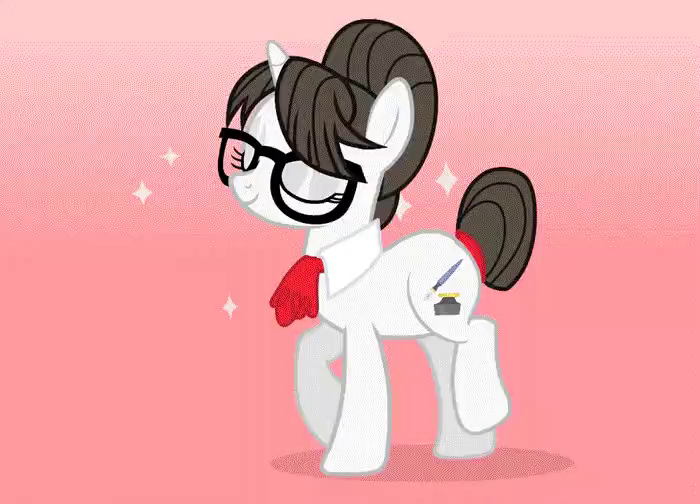 Size: 700x504 | Tagged: safe, artist:mish05k, derpibooru import, raven, pony, unicorn, animated, commission, cute, g4, glasses, hair bun, headbang, image, pink background, png, ravenbetes, secretary, simple background, smug, solo, sparkles, trotting, ych result