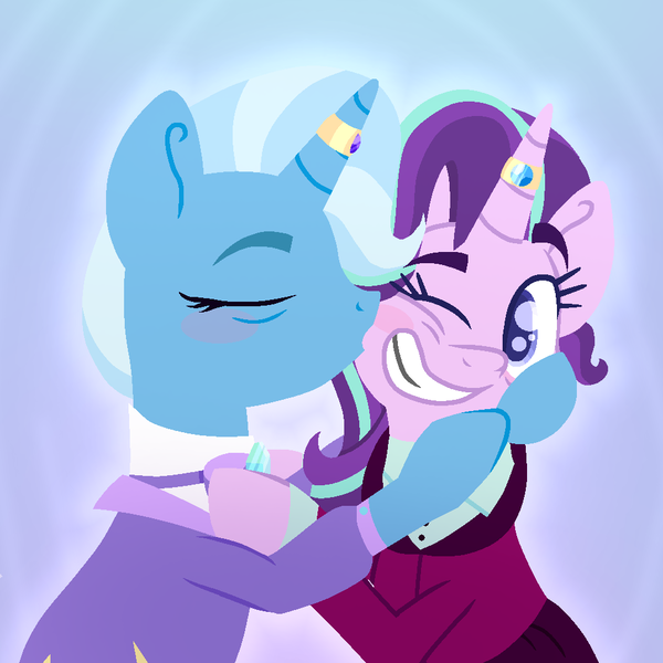 Size: 1000x1000 | Tagged: safe, artist:lindasaurie, derpibooru import, starlight glimmer, trixie, pony, unicorn, abstract background, blushing, bowtie, clothes, derpibooru exclusive, duo, duo female, eyebrows, eyebrows visible through hair, female, g4, glow, gradient background, horn, horn ring, image, jewelry, kiss on the cheek, kissing, lesbian, lineless, looking at someone, mare, married couple, older, older starlight glimmer, older trixie, one eye closed, png, ring, shipping, smiling, startrix, touching face, wedding ring