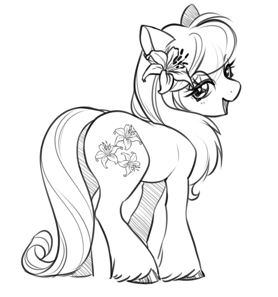 Size: 2926x3122 | Tagged: safe, artist:opalacorn, derpibooru import, lily, lily valley, earth pony, pony, background pony, black and white, cute, flower, flower in hair, grayscale, happy, image, jpeg, lilybetes, looking at you, monochrome, sketch, smiling