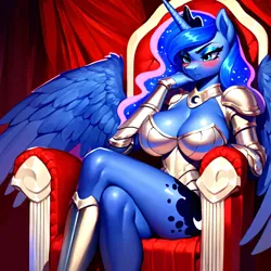 Size: 4096x4096 | Tagged: suggestive, ai content, derpibooru import, machine learning generated, stable diffusion, princess luna, alicorn, anthro, absurd resolution, annoyed, armor, armored pony, big breasts, breasts, busty princess luna, cleavage, clothes, collar, curvy, eyeshadow, fantasy class, female, frown, g4, generator:pony diffusion v5, generator:purplesmart.ai, grumpy, image, jewelry, makeup, mascara, png, prompter:paajbach, regalia, royalty, shiny, solo, solo female, spread wings, throne, unconvincing armor, wings