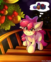 Size: 1700x2064 | Tagged: safe, alternate version, artist:yuris, derpibooru import, apple bloom, earth pony, pony, bell, blushing, christmas, commission, female, floppy ears, glasses, holiday, house, image, indoors, looking at you, looking up, looking up at you, png, present, room, smiling, solo, staircase, thoughts, ych result, your character here