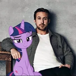 Size: 720x719 | Tagged: source needed, safe, derpibooru import, twilight sparkle, human, pony, unicorn, eyebrows, female, image, jpeg, mare, meme, raised eyebrow, ryan gosling, sitting, smiling, smug, table, unicorn twilight