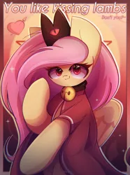 Size: 2050x2750 | Tagged: safe, artist:miryelis, derpibooru import, fluttershy, pegasus, pony, bell, big ears, clothes, crossover, crown, cult of the lamb, cute, female, g4, heart, image, jewelry, long hair, looking at you, mare, png, red eyes, regalia, shyabetes, smiling, solo, text