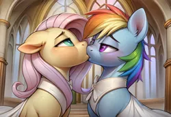 Size: 2048x1408 | Tagged: suggestive, ai content, derpibooru import, machine learning generated, fluttershy, rainbow dash, pegasus, pony, clothes, dress, duo, female, flutterdash, g4, generator:easyfluff v11.2, image, kiss on the lips, kissing, lesbian, lesbian wedding, looking at each other, looking at someone, marriage, png, shipping, wedding, wedding dress