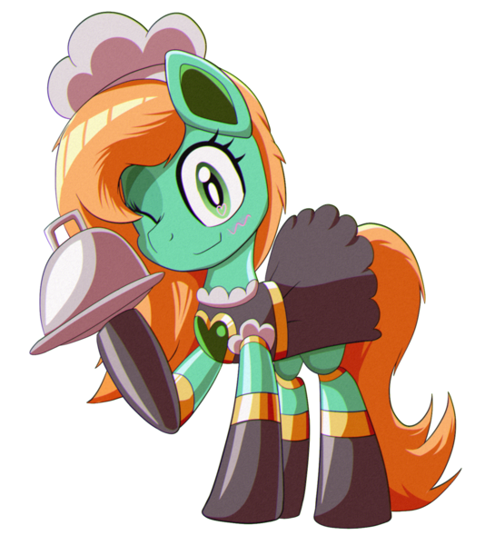 Size: 1500x1650 | Tagged: safe, derpibooru import, oc, oc:goldheart, pony, robot, robot pony, derpibooru community collaboration, 2024 community collab, clothes, female, image, maid, mare, plate, png, simple background, solo, transparent background