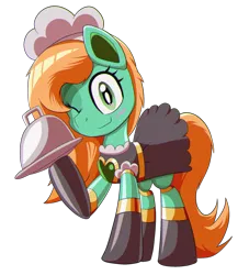 Size: 1500x1650 | Tagged: safe, derpibooru import, oc, oc:goldheart, pony, robot, robot pony, derpibooru community collaboration, 2024 community collab, clothes, female, image, maid, mare, plate, png, simple background, solo, transparent background