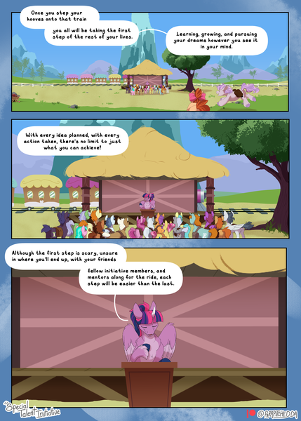 Size: 1800x2520 | Tagged: safe, artist:parrpitched, derpibooru import, apple bloom, rumble, scootaloo, silver spoon, snips, sweetie belle, twilight sparkle, twilight sparkle (alicorn), alicorn, earth pony, pegasus, pony, unicorn, comic:the special talent initiative, comic, cutie mark crusaders, image, png, train, train station, train tracks, tree, wings