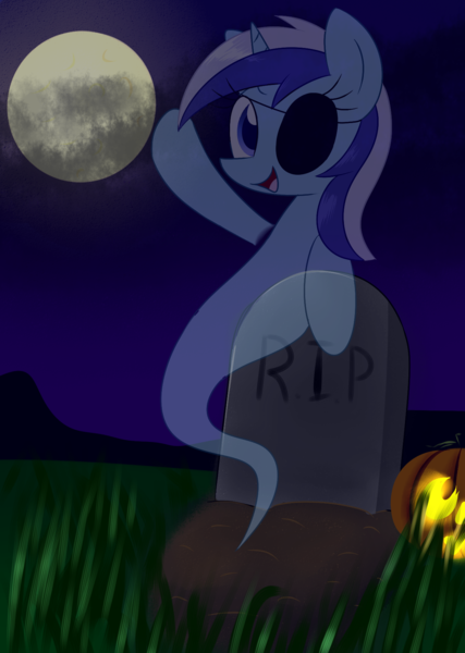 Size: 1280x1800 | Tagged: safe, artist:acersiii, derpibooru import, minuette, ghost, pony, undead, eyepatch, gravestone, image, moon, png, solo, tumblr:questioncolgatepony