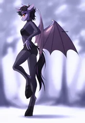 Size: 2611x3760 | Tagged: safe, artist:teturirusu, derpibooru import, oc, alicorn, anthro, bat pony, bat pony alicorn, pony, unguligrade anthro, anthro oc, bat wings, black hair, blurry background, butt, commission, floppy ears, hoof boots, horn, image, looking at you, png, purple skin, red eyes, solo, spread wings, wings
