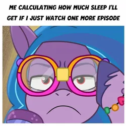 Size: 1080x1080 | Tagged: safe, derpibooru import, edit, edited screencap, official, screencap, izzy moonbow, unicorn, g5, my little pony: tell your tale, 2d, determination, determined look, facebook, glasses, image, jpeg, looking at you, meme, relatable, serious, serious face, thinking