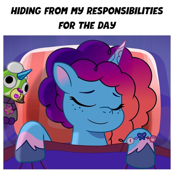 Size: 1080x1080 | Tagged: safe, derpibooru import, edit, edited screencap, official, screencap, butterfly, insect, unicorn, g5, my little pony: tell your tale, 2d, adorable face, bed, blanket, bracelet, comfort, cute, eyes closed, facebook, image, jewelry, jpeg, meme, misty brightdawn, mistybetes, pillow, relatable, resting, sleeping, toy