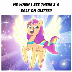 Size: 1080x1080 | Tagged: safe, derpibooru import, edit, edited screencap, official, screencap, sunny starscout, alicorn, g5, my little pony: tell your tale, 2d, adorable face, cute, facebook, glitter, glow, glowing horn, glowing wings, happy, horn, image, jpeg, meme, raised hoof, relatable, smiling, sparkles, sunnybetes, transformation, wings