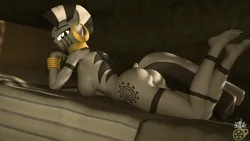 Size: 1920x1080 | Tagged: suggestive, artist:midnightdanny, derpibooru import, zecora, anthro, zebra, 3d, ass, bed, butt, commission, feet, g4, image, looking at you, looking back, png, seductive look, solo, source filmmaker, the pose, ych result