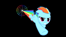 Size: 1920x1080 | Tagged: safe, ai content, artist:nowego, derpibooru import, machine learning assisted, rainbow dash, pegasus, pony, ai cover, animated, black background, dio, female, flying, heavy metal, image, mare, rainbow in the dark, rvc, simple background, solo, sonic rainboom, webm