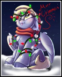 Size: 2100x2600 | Tagged: safe, artist:starcasteclipse, derpibooru import, derpy hooves, pegasus, pony, :p, blushing, christmas, christmas lights, clothes, cute, derpabetes, female, hat, holiday, image, mare, merr chrismas, misspelling, png, santa hat, scarf, sitting, snow, solo, tongue out