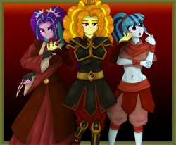 Size: 4096x3379 | Tagged: safe, artist:lennondash, derpibooru import, part of a set, adagio dazzle, aria blaze, sonata dusk, human, equestria girls, avatar the last airbender, azula, belly button, blade, breasts, clothes, clothes swap, crossover, female, frame, frown, gradient background, high res, image, jpeg, lidded eyes, looking at you, mai, midriff, open mouth, red background, simple background, smiling, the dazzlings, trio, ty lee, wristband
