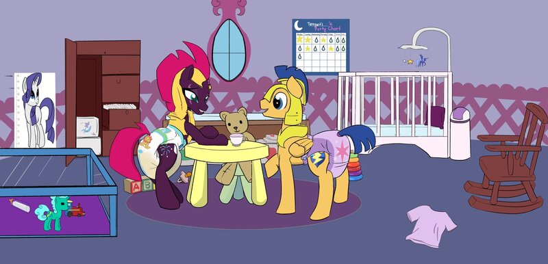 Size: 2048x987 | Tagged: questionable, artist:drasill, derpibooru import, flash sentry, tempest shadow, pegasus, pony, unicorn, adult foal, crib, cup, diaper, diaper fetish, diaper pail, fetish, image, jpeg, non-baby in diaper, plushie, poofy diaper, potty chart, rocking chair, size chart, size comparison, table, teacup, teddy bear, toy, wet diaper